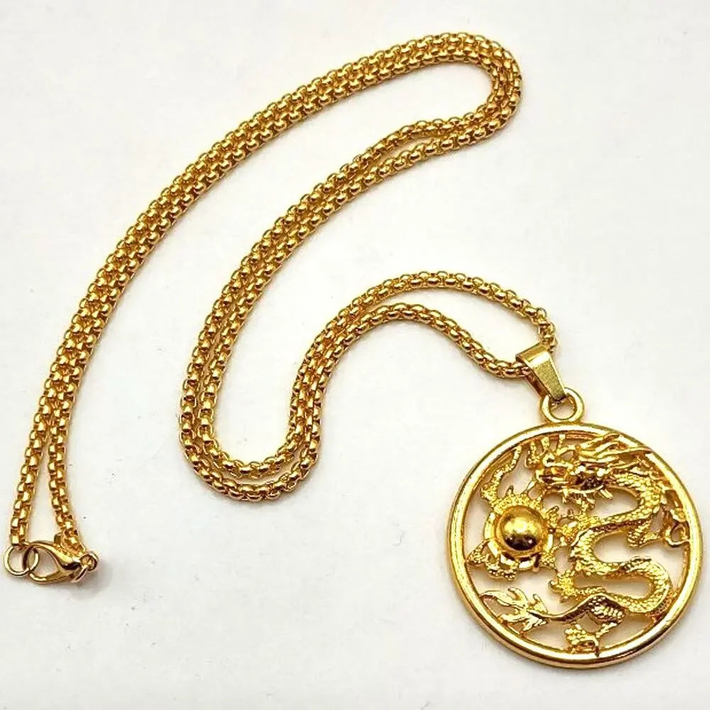 Gold Stainless Chinese Dragon Necklace Asian Zodiac Astrology Fashion Gift NEW!